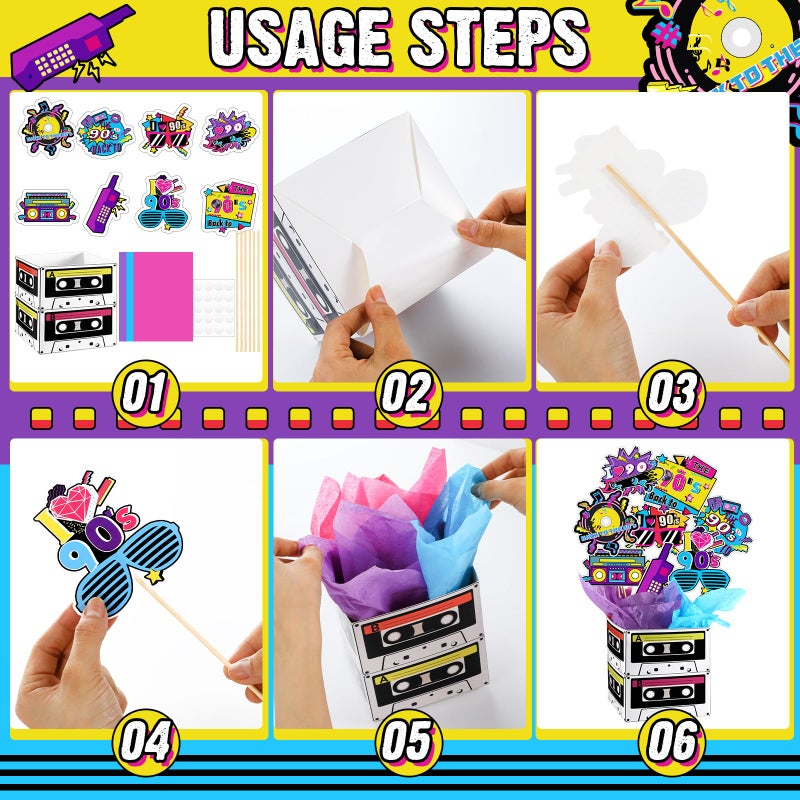 Weekgrat 6 Set 90's Party Table Centerpiece Decorations Include Cassette Tape Bucket Centerpiece Sticks Table Toppers Photo Booth Props with Paper Decor for Party - Image 4