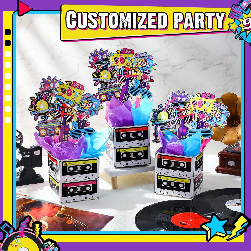 Weekgrat 6 Set 90's Party Table Centerpiece Decorations Include Cassette Tape Bucket Centerpiece Sticks Table Toppers Photo Booth Props with Paper Decor for Party - Image 3