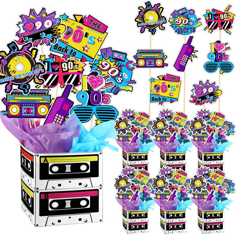 Weekgrat 6 Set 90's Party Table Centerpiece Decorations Include Cassette Tape Bucket Centerpiece Sticks Table Toppers Photo Booth Props with Paper Decor for Party - Image 1