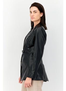 As You Women Regular Fit Solid Semi-Formal Faux Leather Blazer, Black  - Image 4