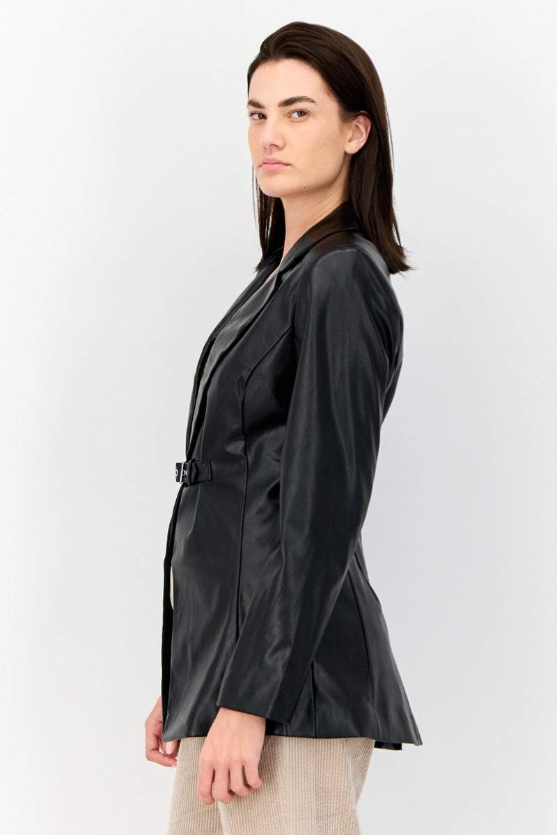 As You Women Regular Fit Solid Semi-Formal Faux Leather Blazer, Black  - Image 4