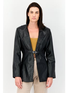 As You Women Regular Fit Solid Semi-Formal Faux Leather Blazer, Black  - Image 1