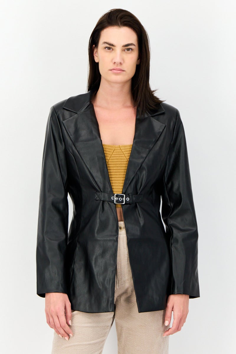 As You Women Regular Fit Solid Semi-Formal Faux Leather Blazer, Black  - Image 1