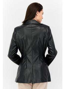 As You Women Regular Fit Solid Semi-Formal Faux Leather Blazer, Black  - Image 3