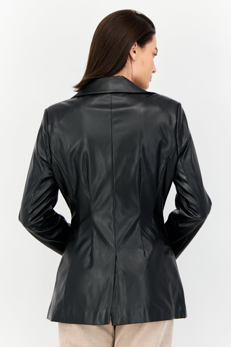 As You Women Regular Fit Solid Semi-Formal Faux Leather Blazer, Black  - Image 3