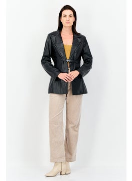 As You Women Regular Fit Solid Semi-Formal Faux Leather Blazer, Black  - Image 2