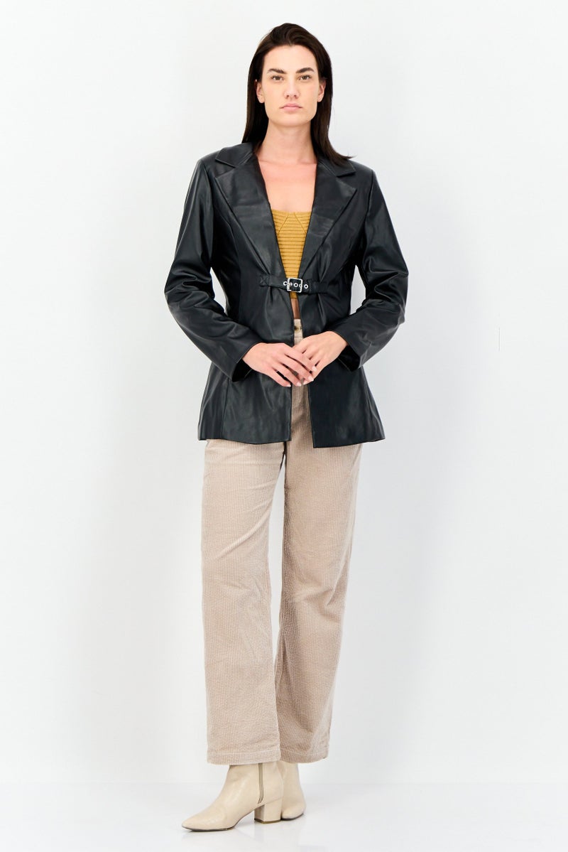 As You Women Regular Fit Solid Semi-Formal Faux Leather Blazer, Black  - Image 2