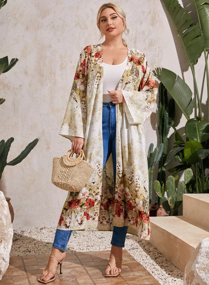 Plus Bell Sleeve Open Front Floral Print Kimono - Image 2