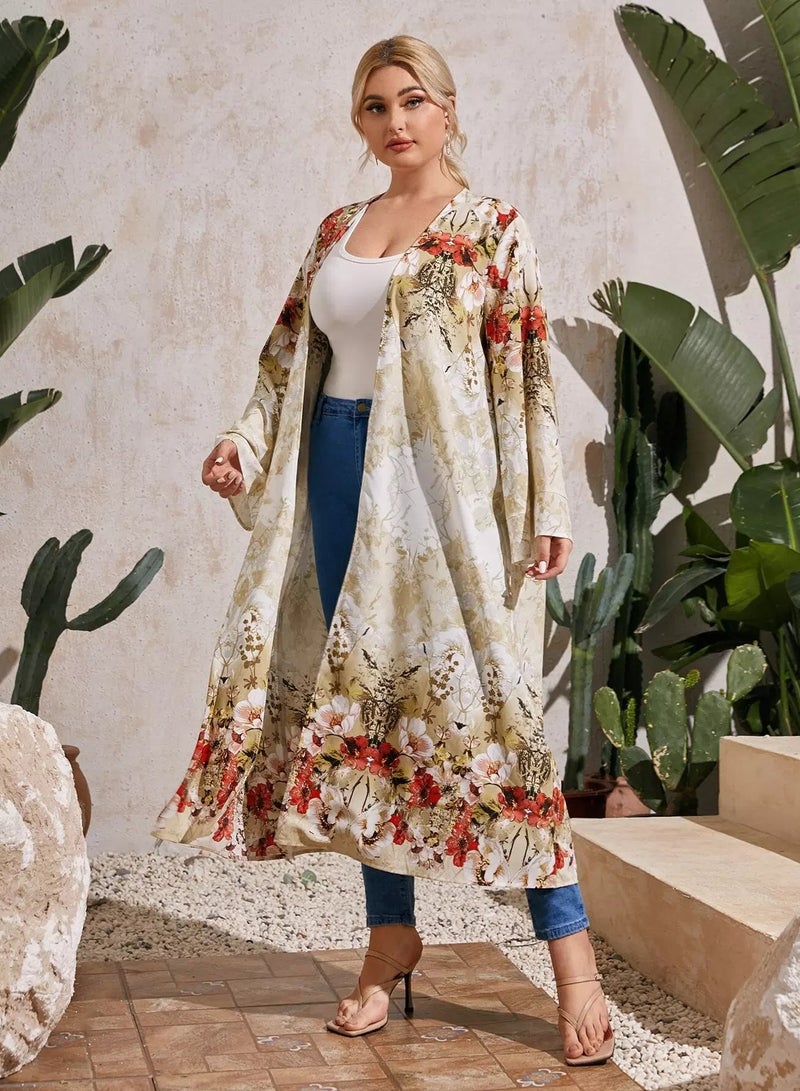 Plus Bell Sleeve Open Front Floral Print Kimono - Image 5