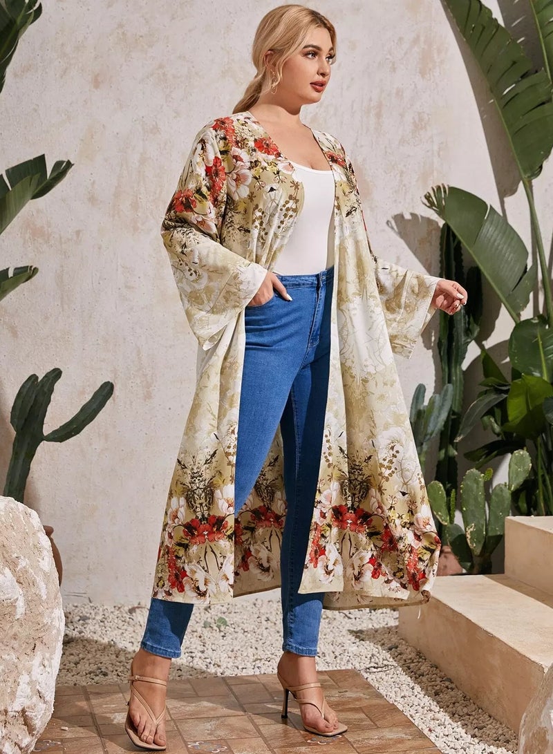 Plus Bell Sleeve Open Front Floral Print Kimono - Image 1