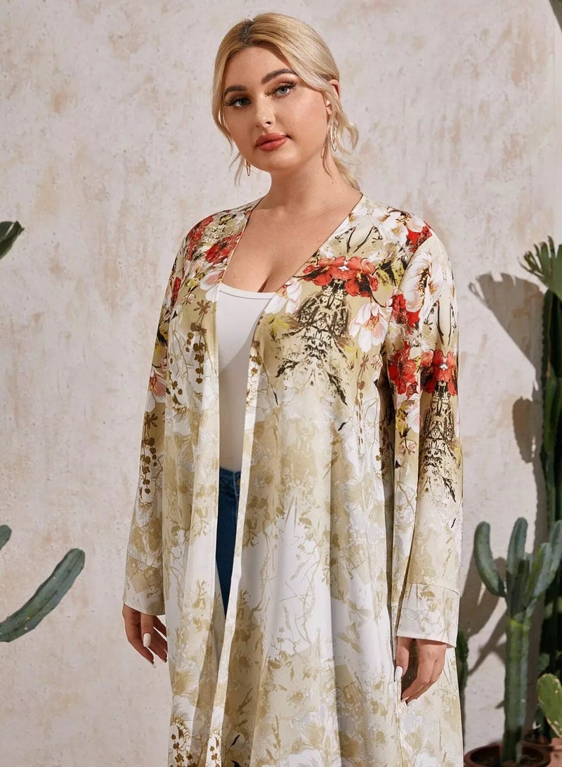 Plus Bell Sleeve Open Front Floral Print Kimono - Image 4