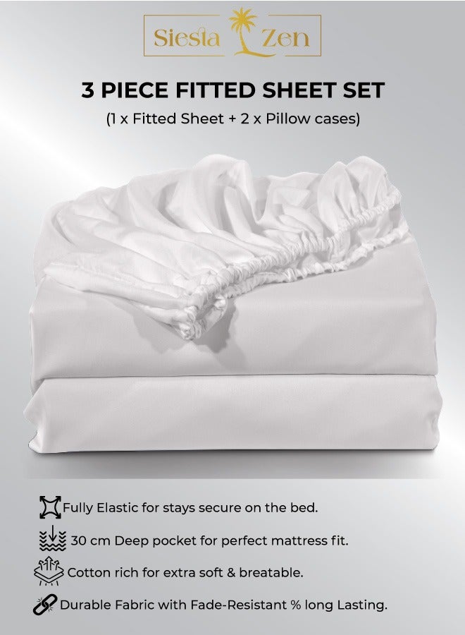 القيلولة زين طقم ملاءات سرير Siesta Zen™ من 3 قطع من القطن الفاخر T250، مزود بجيب عميق 30 سم، مرن بالكامل، مناسب للجميع، ناعم للغاية، يسمح بمرور الهواء، ومقاوم للتجاعيد (غطاء سرير واحد + 2 غطاء وسادة)  - Image 1