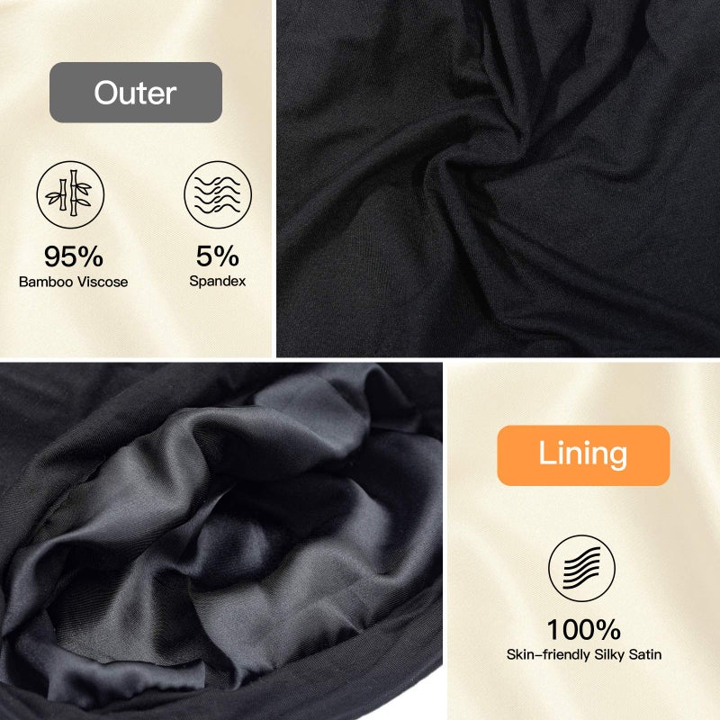 GB Selected Silky Satin Lined Bonnet Sleep Cap - Adjustable Stay on All Night Hair Wrap Cover Slouchy Beanie for Curly Protection Women and Men Solid Black - Image 5