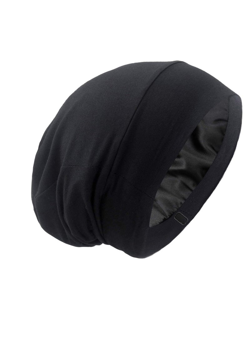 GB Selected Silky Satin Lined Bonnet Sleep Cap - Adjustable Stay on All Night Hair Wrap Cover Slouchy Beanie for Curly Protection Women and Men Solid Black - Image 1