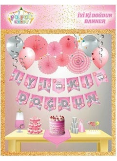 Meri Parti Meri Party Happy Birthday Pink Silver Printed Balloon Zigzag Banner Text 