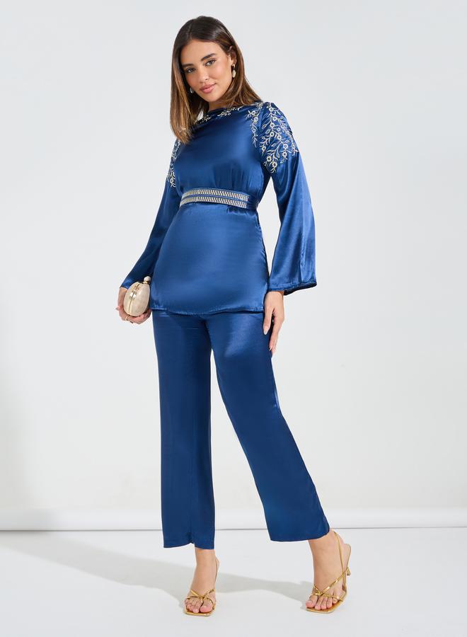 Styli Embroidered Panel Belted Top & Pants Co-Ords  - Image 1