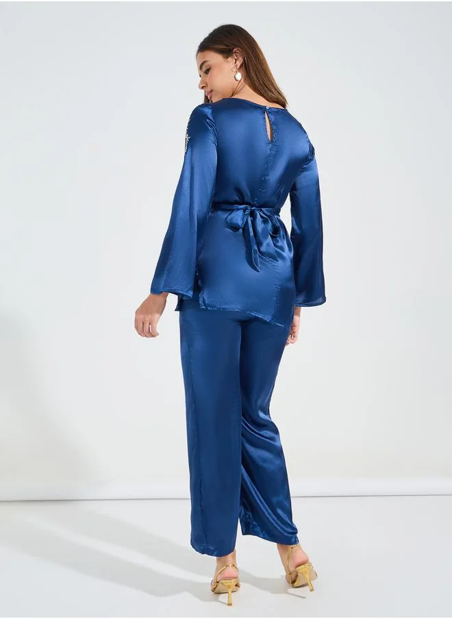 Styli Embroidered Panel Belted Top & Pants Co-Ords