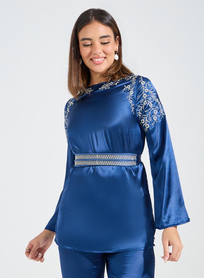 Styli Embroidered Panel Belted Top & Pants Co-Ords  - Image 2