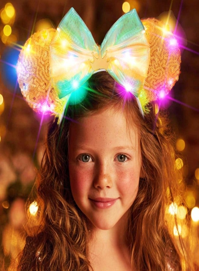 Unicra Light Up Headband Mouse Ears Headbands Bow Hair Accessories for Women and Girls (Gold Sequin Ears - Tiara, Free Size) - Image 2
