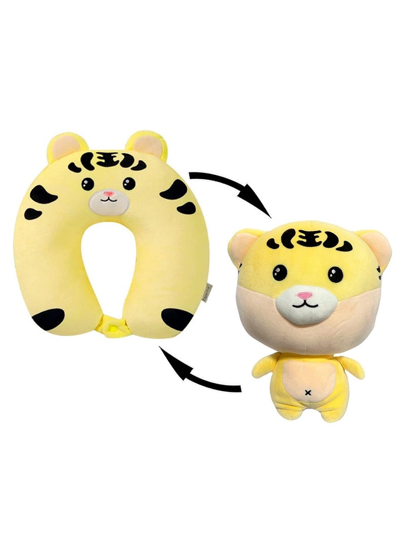 Excefore Kids Travel Pillow - 2-in-1 Deformable Kids Neck Pillow for Traveling, Soft U-Shaped Pillow with Adorable Animal Design, Comfy Sleep and Play, Ideal for Airplanes and Cars (Tiger) - Image 1