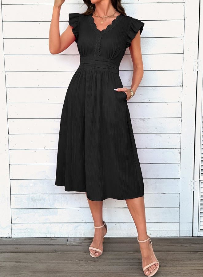 Shein Women Summer Elegant Ruffle Sleeve Dress Semi Formal Boho Outfits 2026, Black, S - Image 2