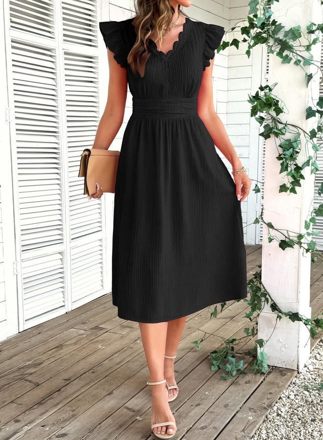 Shein Women Summer Elegant Ruffle Sleeve Dress Semi Formal Boho Outfits 2026, Black, S - Image 5