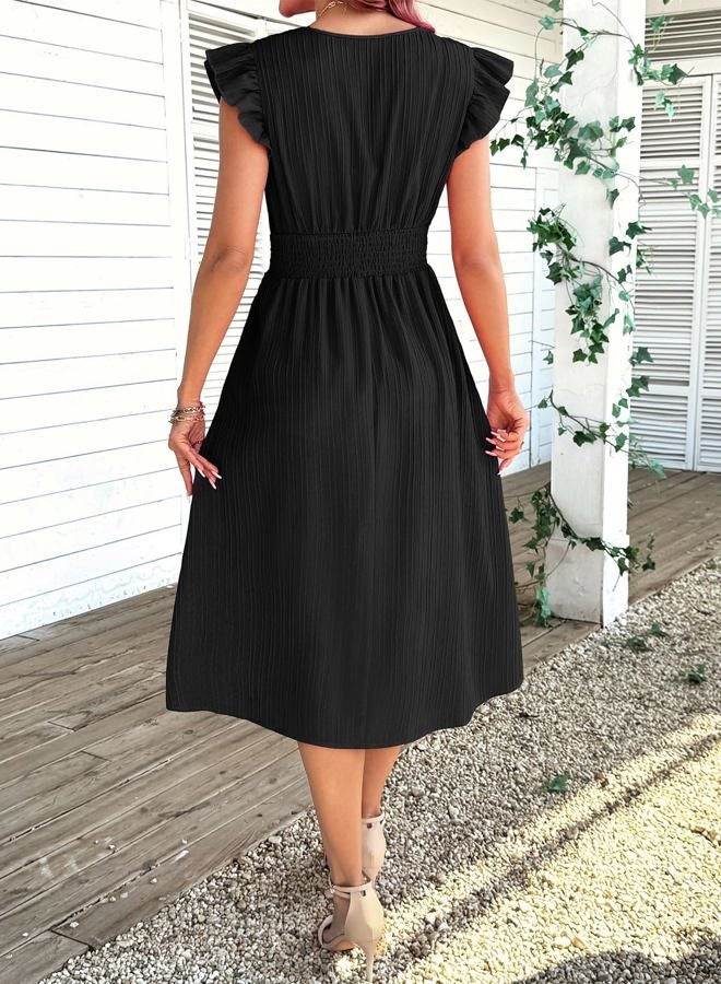 Shein Women Summer Elegant Ruffle Sleeve Dress Semi Formal Boho Outfits 2026, Black, S - Image 3