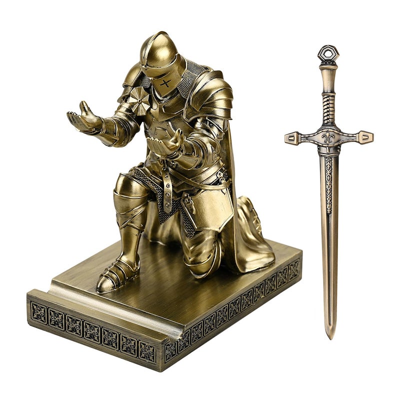 Amoysanli Medieval Armored Warrior Wearing Outerwear, Mobile Phone Stand Knight Pen Holder Desk Organizers, Resin Bookends Paperweight with a Letter Opener for Desk (Bronze) - Image 2