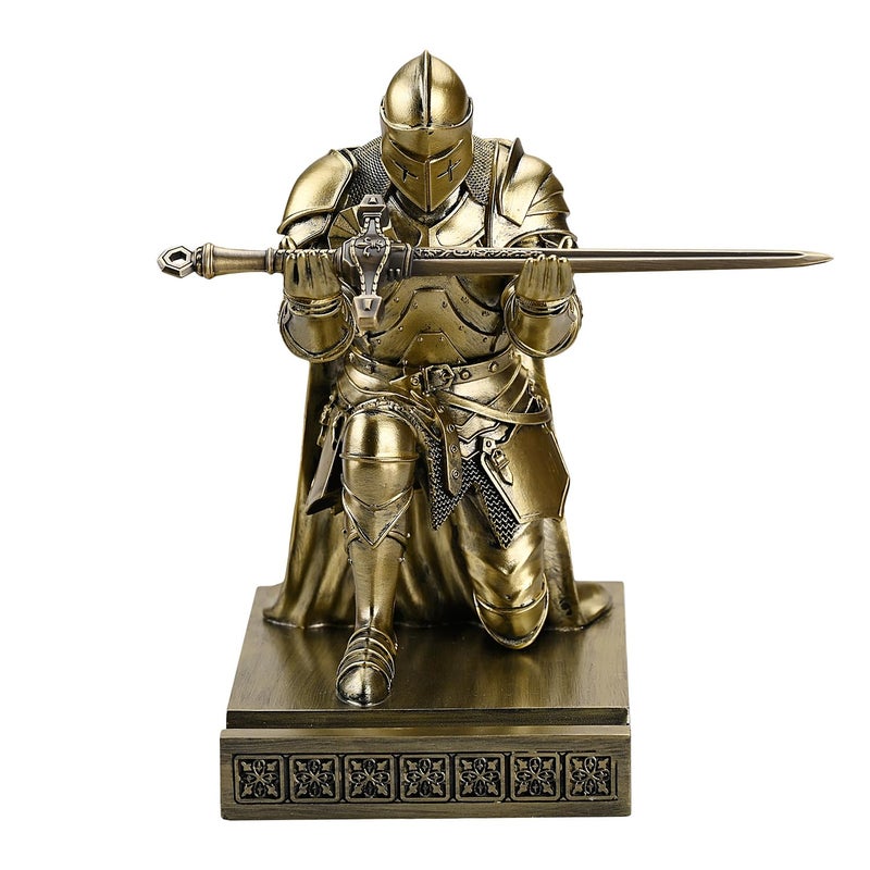 Amoysanli Medieval Armored Warrior Wearing Outerwear, Mobile Phone Stand Knight Pen Holder Desk Organizers, Resin Bookends Paperweight with a Letter Opener for Desk (Bronze) - Image 3