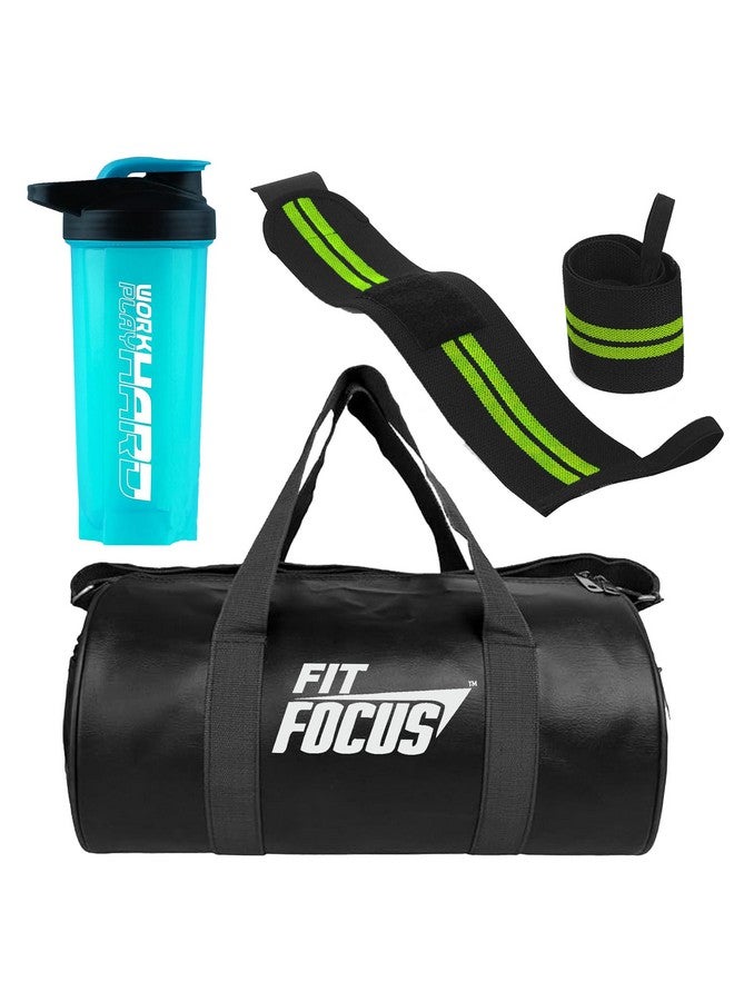 FIT FOCUS Combo for Bag with Workhard Shaker Bottle & Bag and Wrist Band|| Shaker Bottle 500 ml ||Shoulder Gym Bags| Wrist Support Gym Men And Women (Pack of 3) (Green) - Image 1