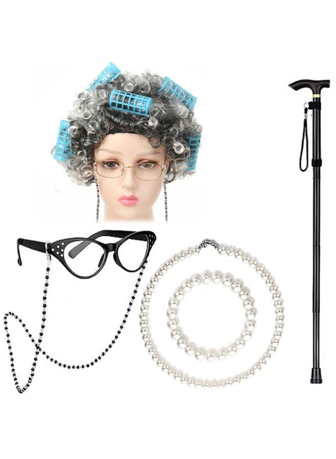 Generic Halloween Granny Wig Cosplay Kids Elderly Costume SetBlack and white curly hair blue six-piece set Black and white curly hair blue six-piece set
