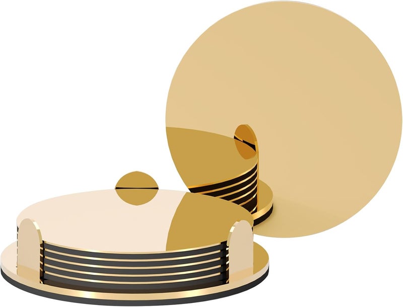HASTHIP® Gold Stainless Steel Coasters with Holder, Set of 6 Modern Mirror Drink Mats, Heat-Resistant and Non-Slip Cup Coasters for Coffee Table, Kitchen, Bar, and Home Decor