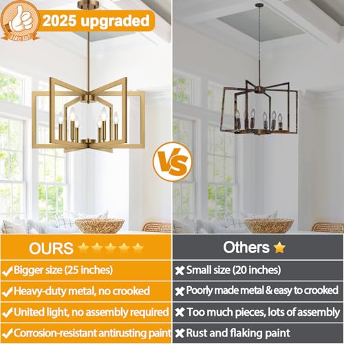 Lynnoland 25" Modern Brass Chandelier for Dining Room, No Assembly Required Brass Dining Room Light Fixture Over Table, Industrial Metal Hanging Pendant Lights Fixture for Kitchen Island, Entryway, Foyer - Image 5