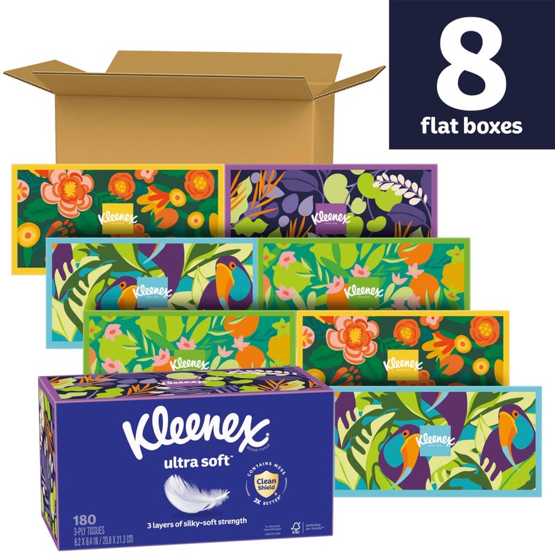 Kleenex Ultra Soft Facial Tissues, 8 Flat Boxes, 180 Tissues per Box, 3-Ply, Packaging May Vary - Image 2