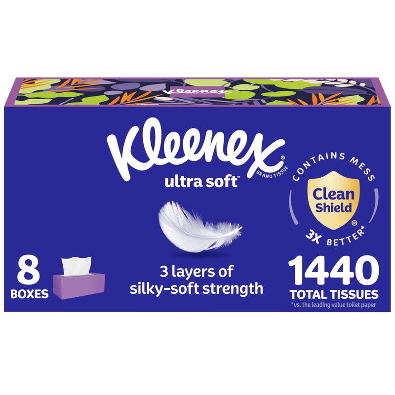 Kleenex Ultra Soft Facial Tissues, 8 Flat Boxes, 180 Tissues per Box, 3-Ply, Packaging May Vary - Image 1