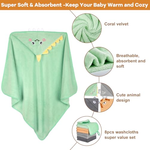 CandyHome 12 PCS Baby Bath Towels Set for Infants Toddlers, 4 PCS Animal Hooded Baby Towels & 8 PCS Washcloths Set, Ultra Absorbent Cute Soft Newborn Bath Essentials Gifts for Boys & Girls - Image 4