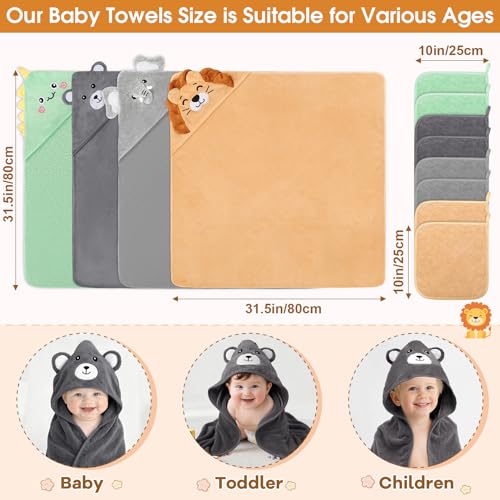 CandyHome 12 PCS Baby Bath Towels Set for Infants Toddlers, 4 PCS Animal Hooded Baby Towels & 8 PCS Washcloths Set, Ultra Absorbent Cute Soft Newborn Bath Essentials Gifts for Boys & Girls - Image 2
