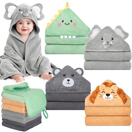 CandyHome 12 PCS Baby Bath Towels Set for Infants Toddlers, 4 PCS Animal Hooded Baby Towels & 8 PCS Washcloths Set, Ultra Absorbent Cute Soft Newborn Bath Essentials Gifts for Boys & Girls - Image 1