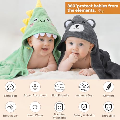CandyHome 12 PCS Baby Bath Towels Set for Infants Toddlers, 4 PCS Animal Hooded Baby Towels & 8 PCS Washcloths Set, Ultra Absorbent Cute Soft Newborn Bath Essentials Gifts for Boys & Girls - Image 3