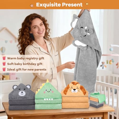 CandyHome 12 PCS Baby Bath Towels Set for Infants Toddlers, 4 PCS Animal Hooded Baby Towels & 8 PCS Washcloths Set, Ultra Absorbent Cute Soft Newborn Bath Essentials Gifts for Boys & Girls - Image 5