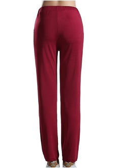 إسكدنيا Women's Solid Color Highly Elastic Yoga Pants Comforty Loose Casual Pants Wine Red  - Image 3