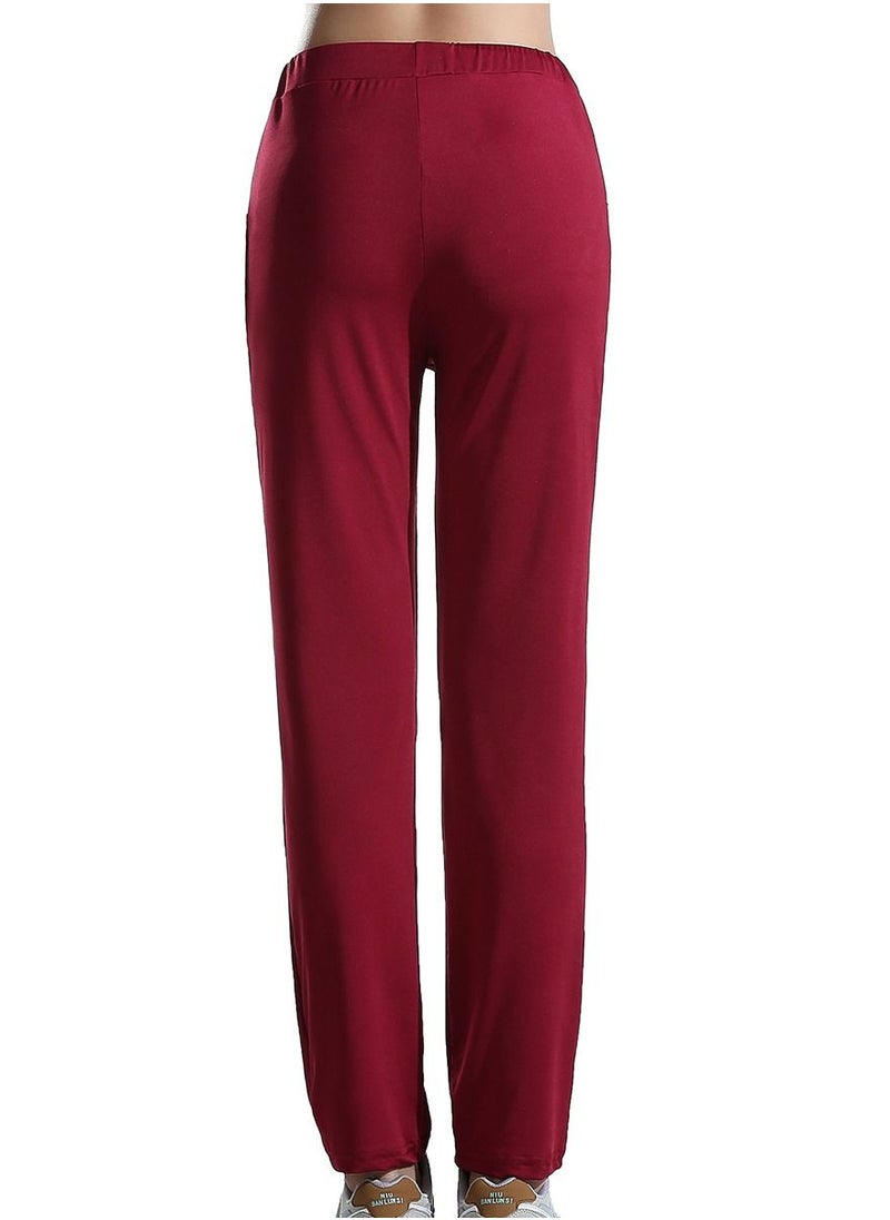 Loquat Women's Solid Color Highly Elastic Yoga Pants Comforty Loose Casual Pants Wine Red  - Image 3