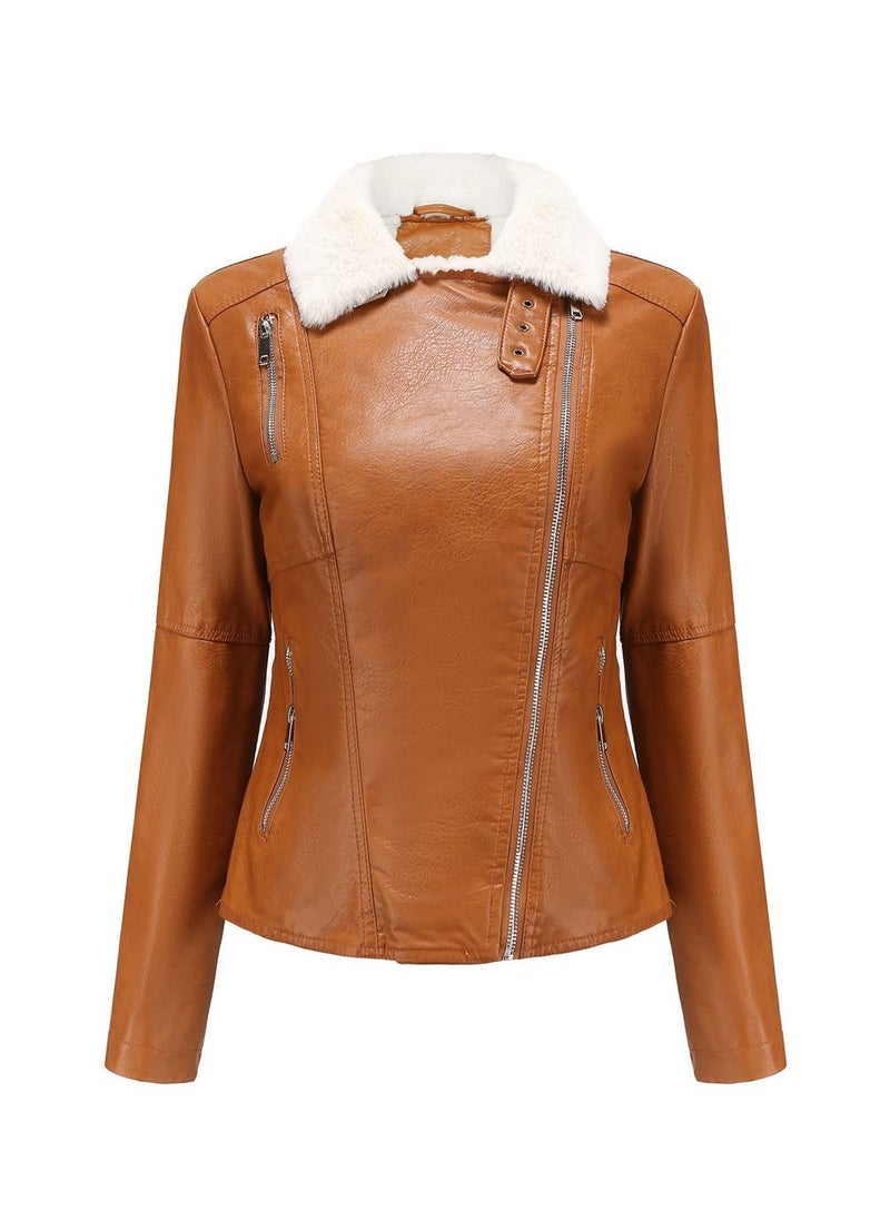 Women's Autumn/Winter Leather Jacket With Plush Long Sleeved Warm Jacket Camel - pzsku/ZF99FE8D5655DEEED5B9EZ/45/_/1691909754/0ac3c5e3-18fe-4c12-9f73-35ffaed403d6