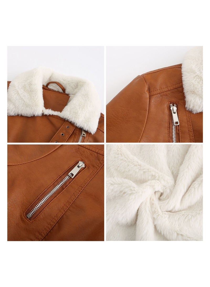 Women's Autumn/Winter Leather Jacket With Plush Long Sleeved Warm Jacket Camel - pzsku/ZF99FE8D5655DEEED5B9EZ/45/_/1691909755/c8a51c77-753f-4ec2-9b57-7f42d1df25f0