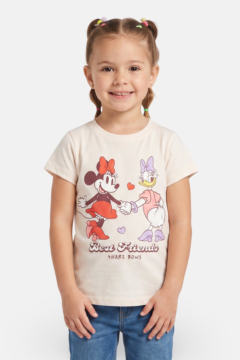 Disney Kids Girl Crew Neck Short Sleeve Mivkey Minnie Print T-Shirt, Cream - Image 1