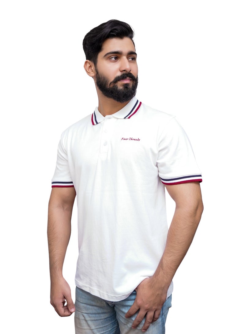 ECONO Finer Threads White Men's Polo Shirt with Contrast Collar and Thin Stripes-Regular Fit.  - Image 3