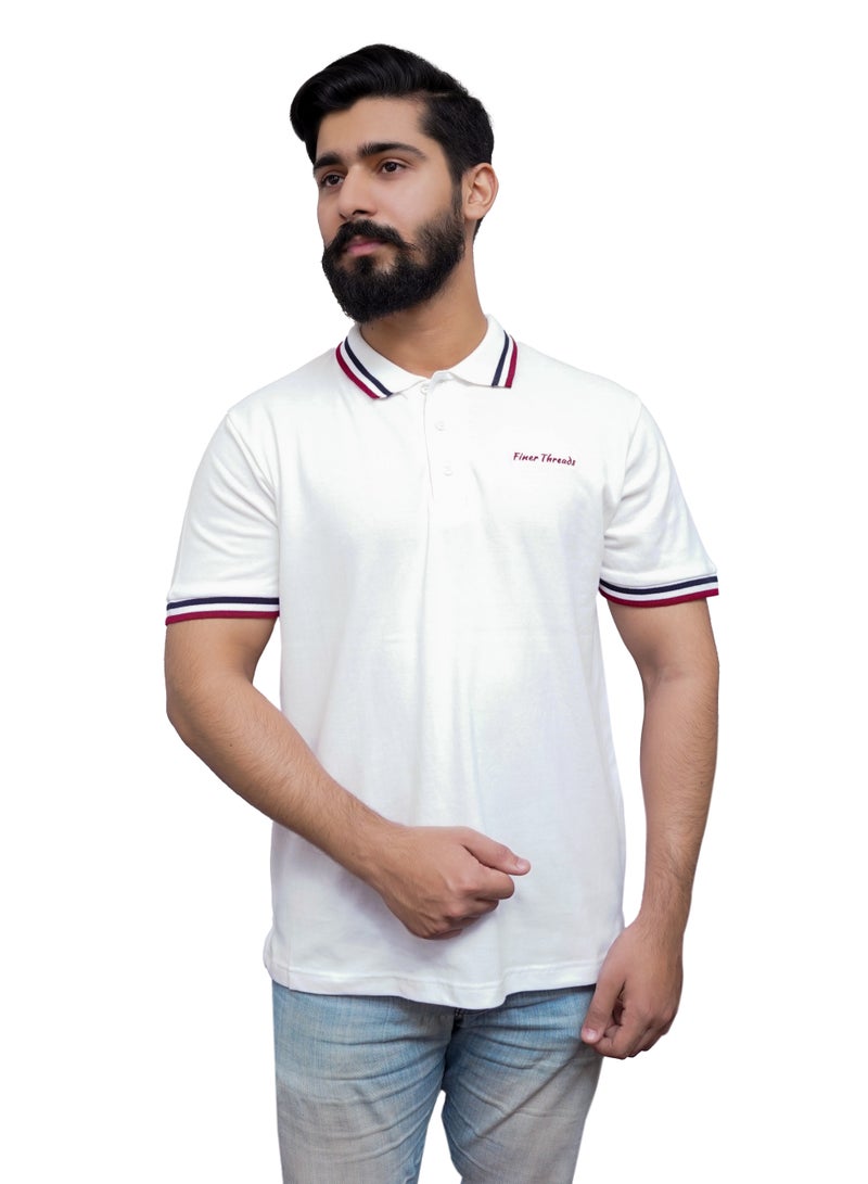 ECONO Finer Threads White Men's Polo Shirt with Contrast Collar and Thin Stripes-Regular Fit.  - Image 2