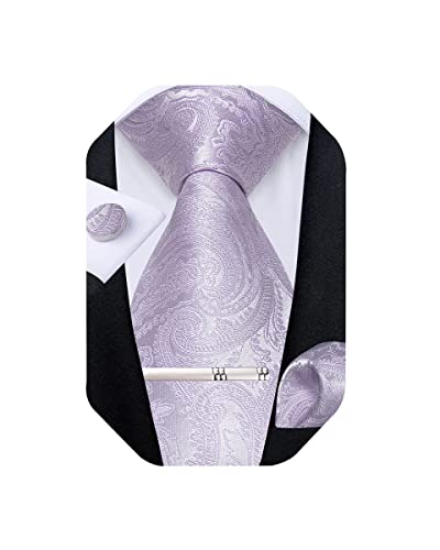 DiBanGu Paisley Ties for Men Silk Necktie and Pocket Square Cufflinks Tie Clip Set Woven Classic Mens Tie for Wedding Party, Lilac - Image 1