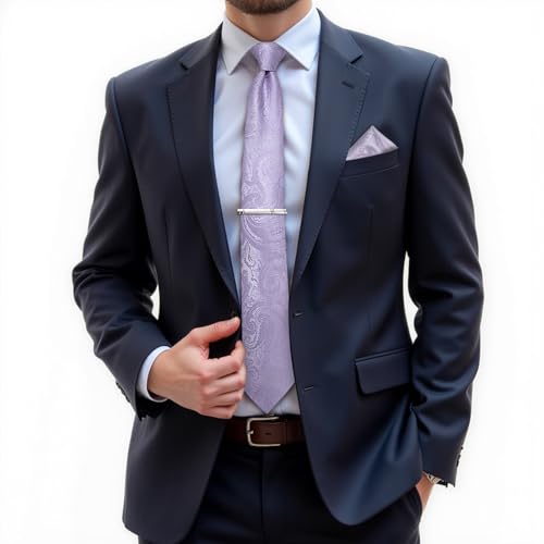 DiBanGu Paisley Ties for Men Silk Necktie and Pocket Square Cufflinks Tie Clip Set Woven Classic Mens Tie for Wedding Party, Lilac - Image 2