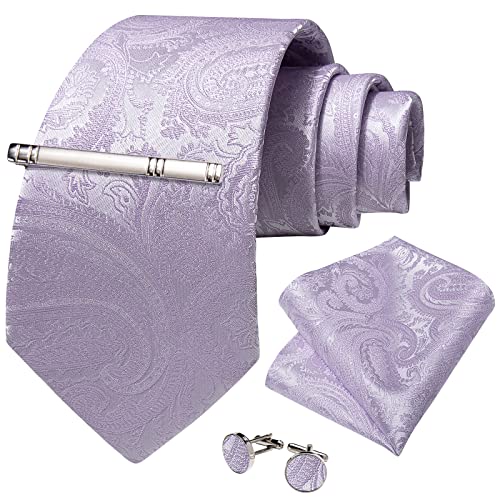 DiBanGu Paisley Ties for Men Silk Necktie and Pocket Square Cufflinks Tie Clip Set Woven Classic Mens Tie for Wedding Party, Lilac - Image 3
